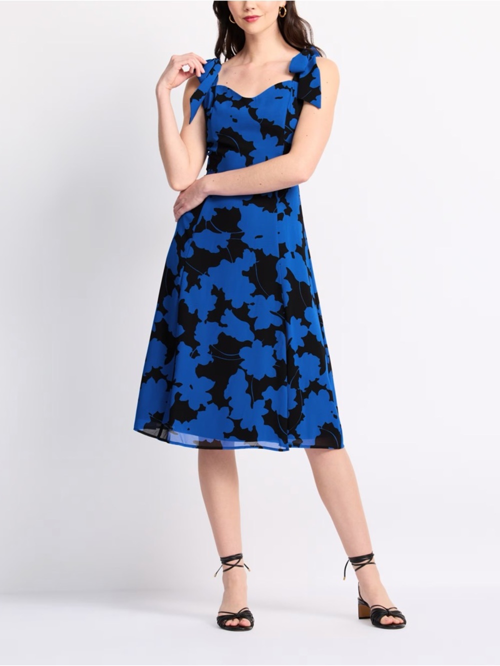 Market & Spruce Blue and Black Floral Tie-Shoulder Midi Dress